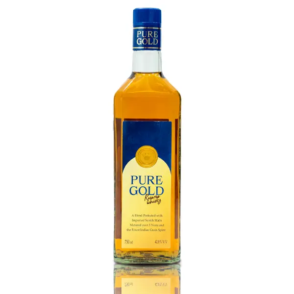 pure gold reserve whisky bottle with blue and gold label featuring a premium blend of scotch malts and indian grain spirit