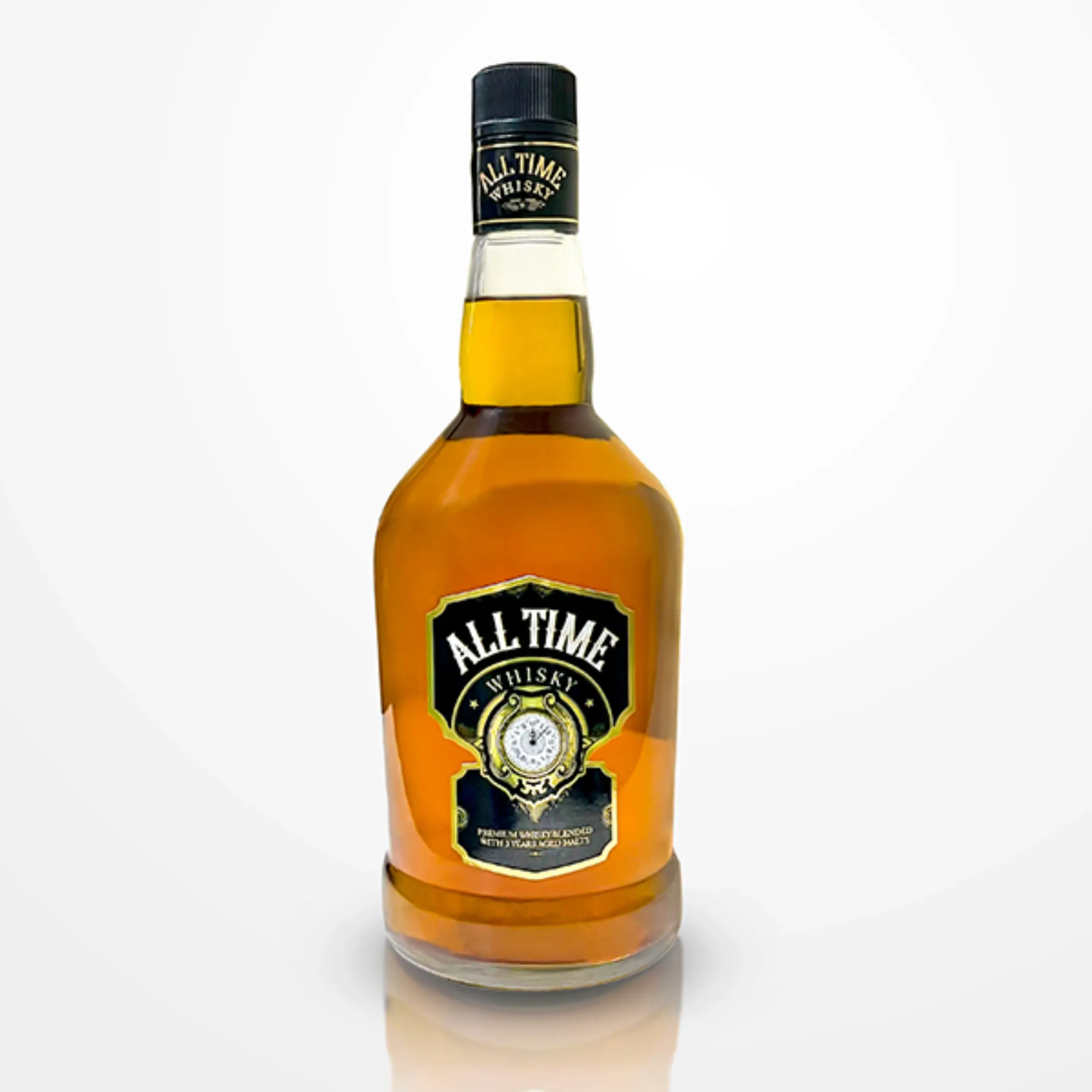 all Time whisky bottle with amber liquid black and gold label and a clock emblemrepresenting a premium blended whisky